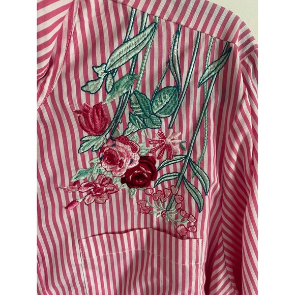 Dark Pink Striped Button Up Shirt with Embroidered Flowers Size XL - Picture 2 of 7